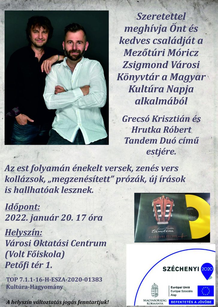 Grecsó Krisztián és Hrutka Róbert - Tandem Duó estje @ Mezőtúr, Városi Oktatási Centrum | Mezőtúr | Magyarország