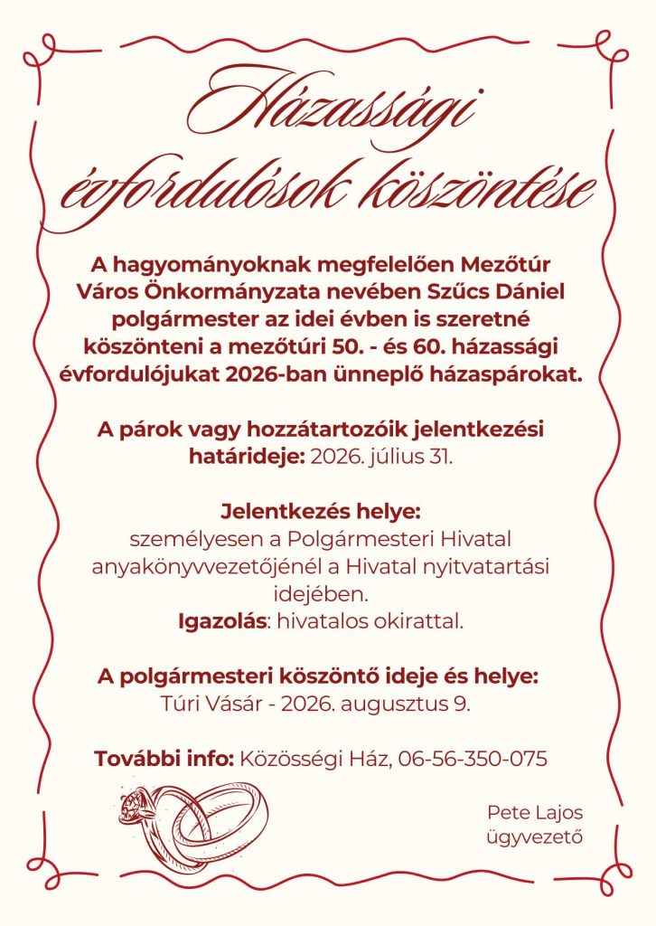 Felhívás évfordulójukat ünneplő pároknak - Mezőtúr